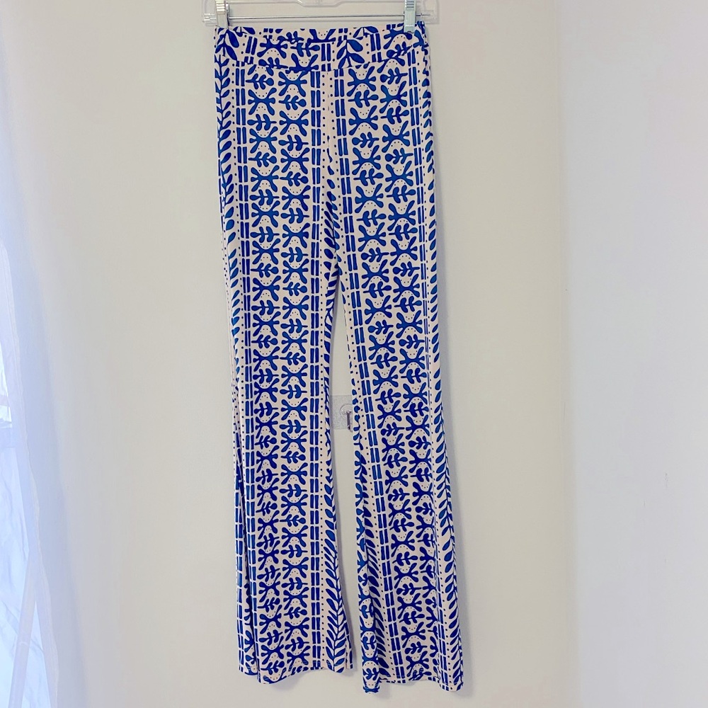 Blue-White Patterned Flared Pants